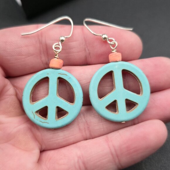 Sterling Silver Howlite Stone Peace Symbol Earrings A6748 - Picture 3 of 6